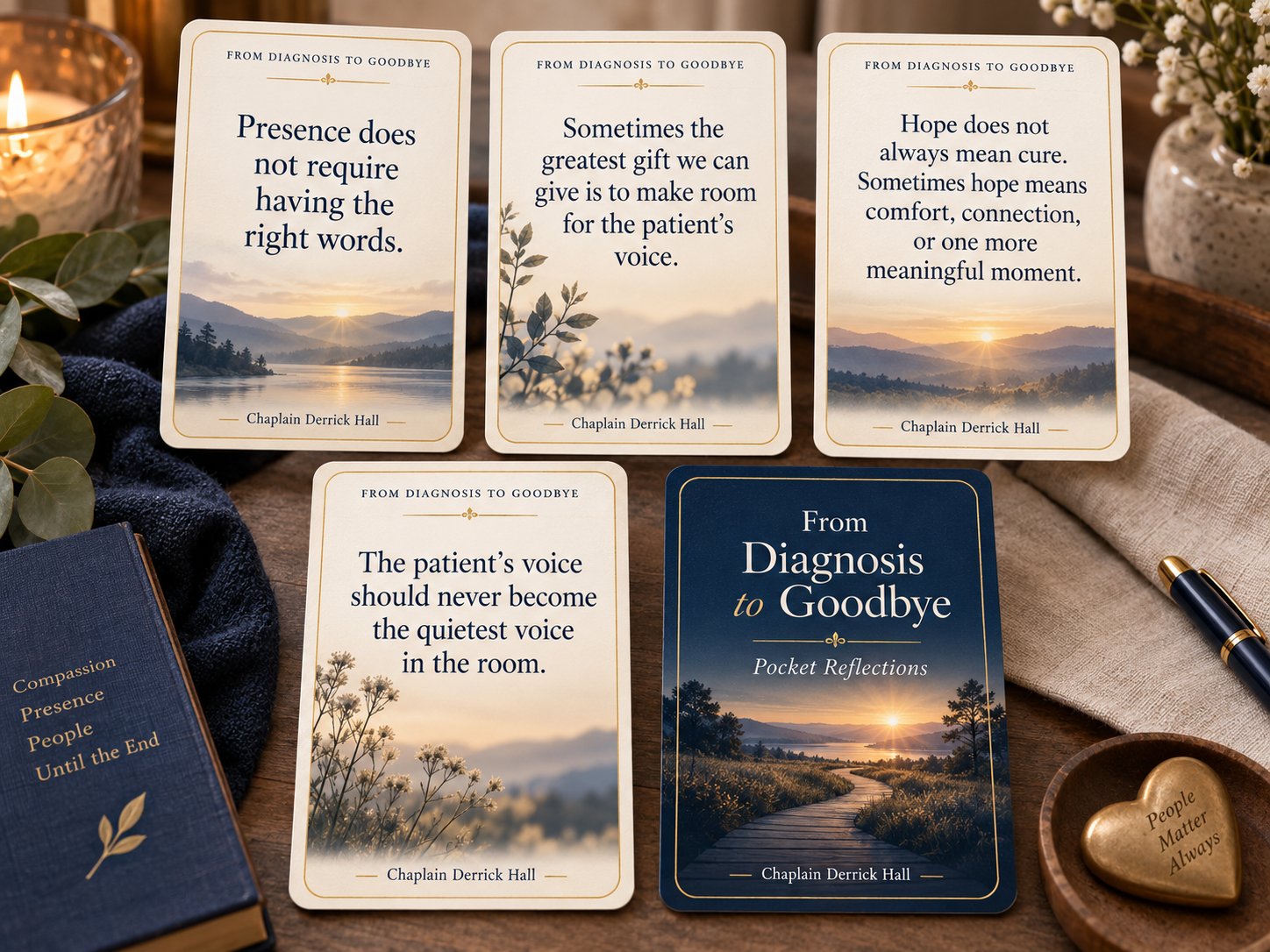 The Compassionate Reflections Card Collection — five reflection cards inspired by From Diagnosis to Goodbye arranged on a table with a candle, a book, a pen, and a small golden heart.